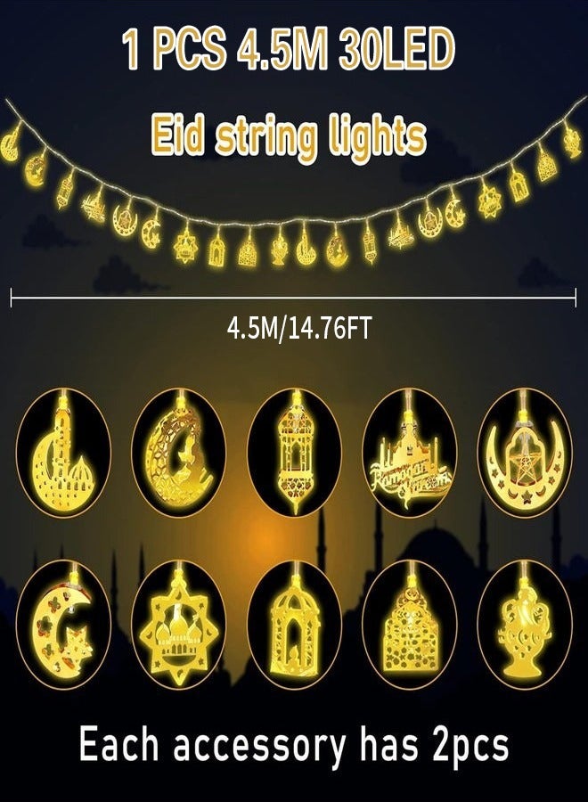 MileMelo Ramadan Decorations for Home 4.5M 30 LED Ramadan Lights, Ramadan Lanterns Lights Battery Box Powered 2 Modes, Golden LED Ramadan Home Decoration Lights Party Accessories  - Image 3