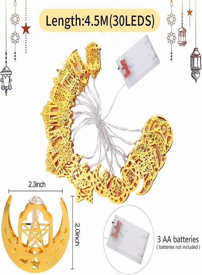MileMelo Ramadan Decorations for Home 4.5M 30 LED Ramadan Lights, Ramadan Lanterns Lights Battery Box Powered 2 Modes, Golden LED Ramadan Home Decoration Lights Party Accessories  - Image 2