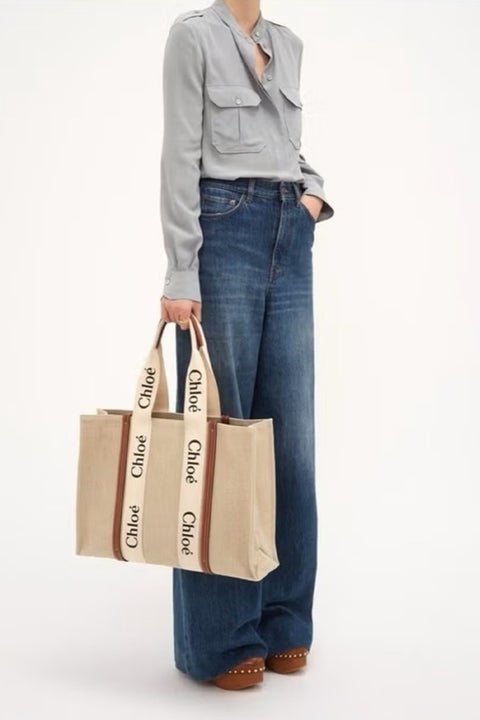 حقيبة كلوي وودي متوسطة الحجم للنساء من الكتان، حقيبة كتف، حقيبة يد، حقيبة سفر، حقيبة تسوق