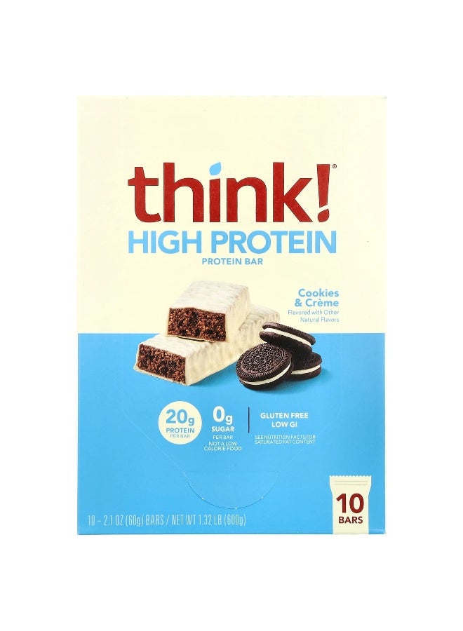 think! Think !, High Protein Bars, Cookies & Cream, 10 Bars, 2.1 oz (60 g) Each (Packaging may vary) - Image 1