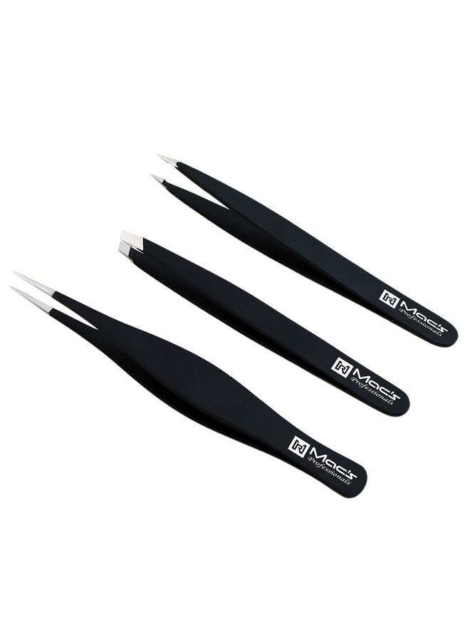Macs Professional - Acs Professional Tweezers Set; For Eyebrow Plucking Ingrown Hair Best For Eyebrow Hair Facial Hair Removal Splinter Stainless Steel Precision Sharp Pointy Ends Meet Perfectly 7343Bk (Black) - Image 1