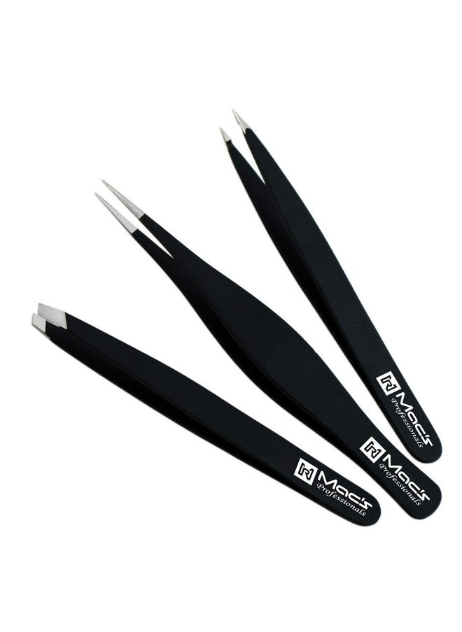 Macs Professional - Acs Professional Tweezers Set; For Eyebrow Plucking Ingrown Hair Best For Eyebrow Hair Facial Hair Removal Splinter Stainless Steel Precision Sharp Pointy Ends Meet Perfectly 7343Bk (Black) - Image 1
