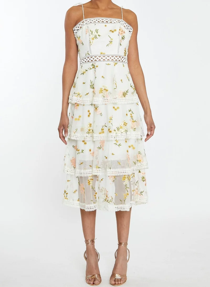 ترو ديكادينس Nude-Pink Embroidery Strappy Tiered Midi-Dress