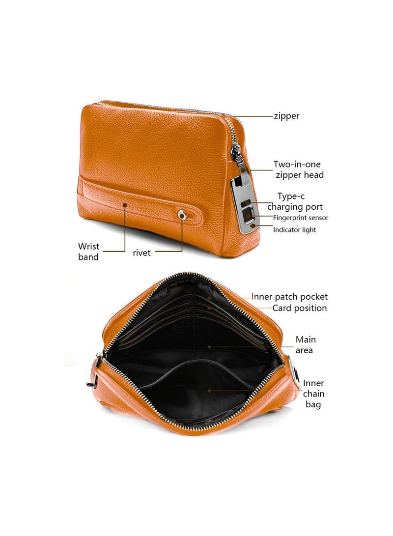 دبليو تيك حقيبة قفل بصمة الإصبع من الجلد للرجال والنساء، حقيبة يد للرجال، محفظة نقود طويلة، حقيبة للجوال، نظام قفل ذكي، حقيبة كلتش - برتقالي - Image 4