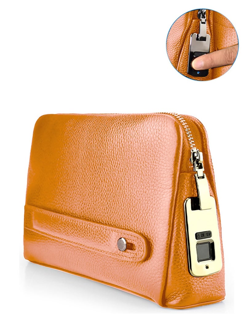 دبليو تيك حقيبة قفل بصمة الإصبع من الجلد للرجال والنساء، حقيبة يد للرجال، محفظة نقود طويلة، حقيبة للجوال، نظام قفل ذكي، حقيبة كلتش - برتقالي - Image 1