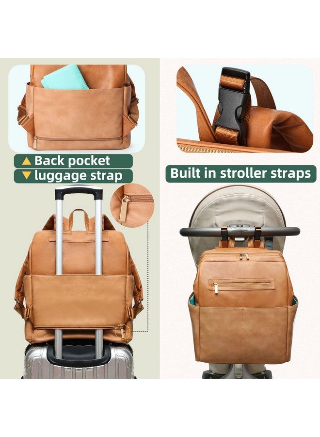 MOMINSIDE حقيبة ظهر مومنسيد لحفاضات الأطفال، حقيبة جلدية مع 16 جيب، حقيبة حفاضات كبيرة للأم، تناسب لابتوب بحجم 15 بوصة، 4 جيوب معزولة، وسادة تغيير، بني - Image 5