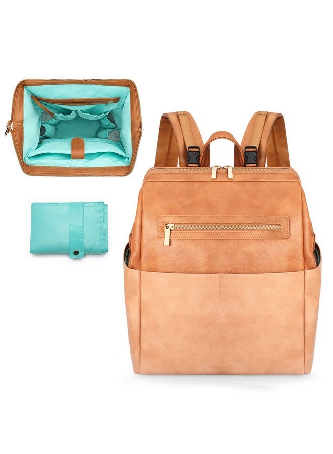 MOMINSIDE حقيبة ظهر مومنسيد لحفاضات الأطفال، حقيبة جلدية مع 16 جيب، حقيبة حفاضات كبيرة للأم، تناسب لابتوب بحجم 15 بوصة، 4 جيوب معزولة، وسادة تغيير، بني - Image 1