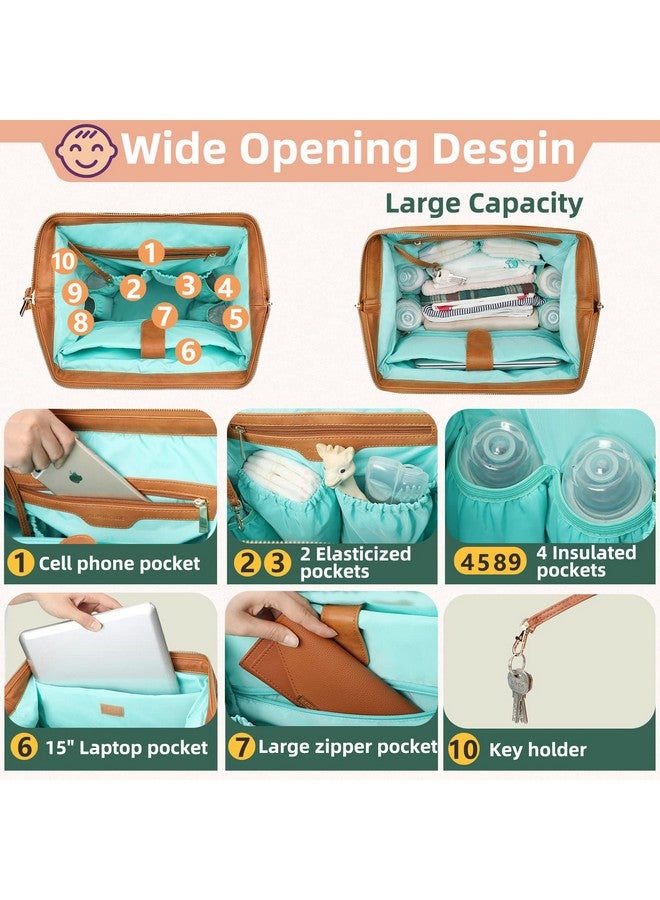 MOMINSIDE حقيبة ظهر مومنسيد لحفاضات الأطفال، حقيبة جلدية مع 16 جيب، حقيبة حفاضات كبيرة للأم، تناسب لابتوب بحجم 15 بوصة، 4 جيوب معزولة، وسادة تغيير، بني - Image 3