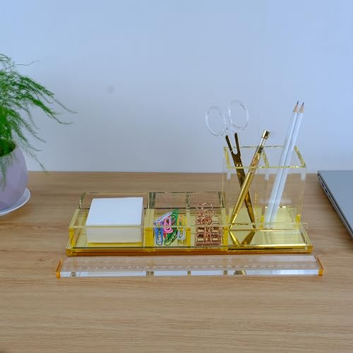 EXPUTRAN Acrylic Desk Organizer 4-Piece Desk Kit + Free Complimentary Acrylic Ruler, Desktop Organization for Office or Home (Gold) - Image 2