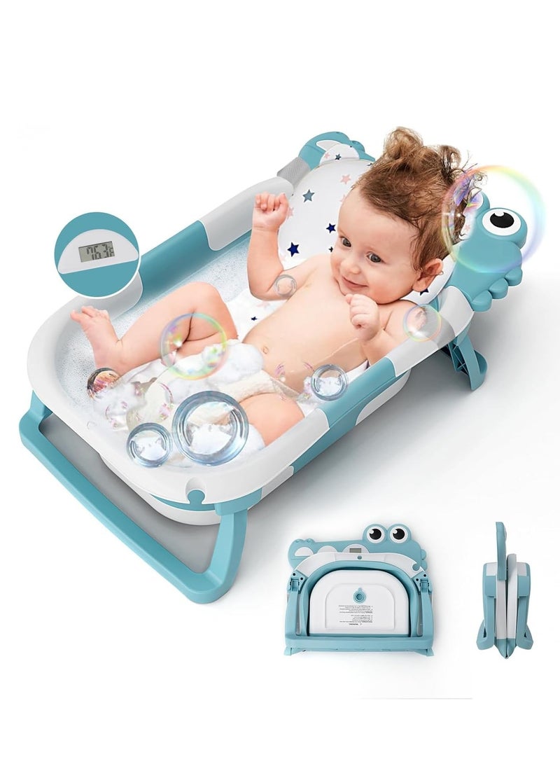 Collapsible Baby Bathtub for Newborn with Thermometer  1 Soft Floating Cushion  Drain Hole, Foldable  Portable Travel Baby Bath Tub for Newborns to Toddlers 0-36 Months Girl (Blue) - Image 1