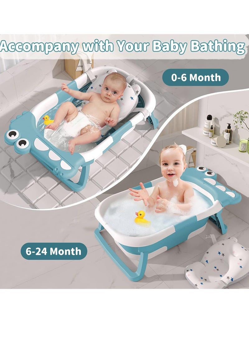 Collapsible Baby Bathtub for Newborn with Thermometer  1 Soft Floating Cushion  Drain Hole, Foldable  Portable Travel Baby Bath Tub for Newborns to Toddlers 0-36 Months Girl (Blue) - Image 2