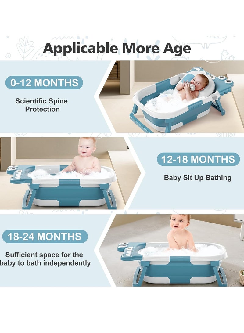 Collapsible Baby Bathtub for Newborn with Thermometer  1 Soft Floating Cushion  Drain Hole, Foldable  Portable Travel Baby Bath Tub for Newborns to Toddlers 0-36 Months Girl (Blue) - Image 5