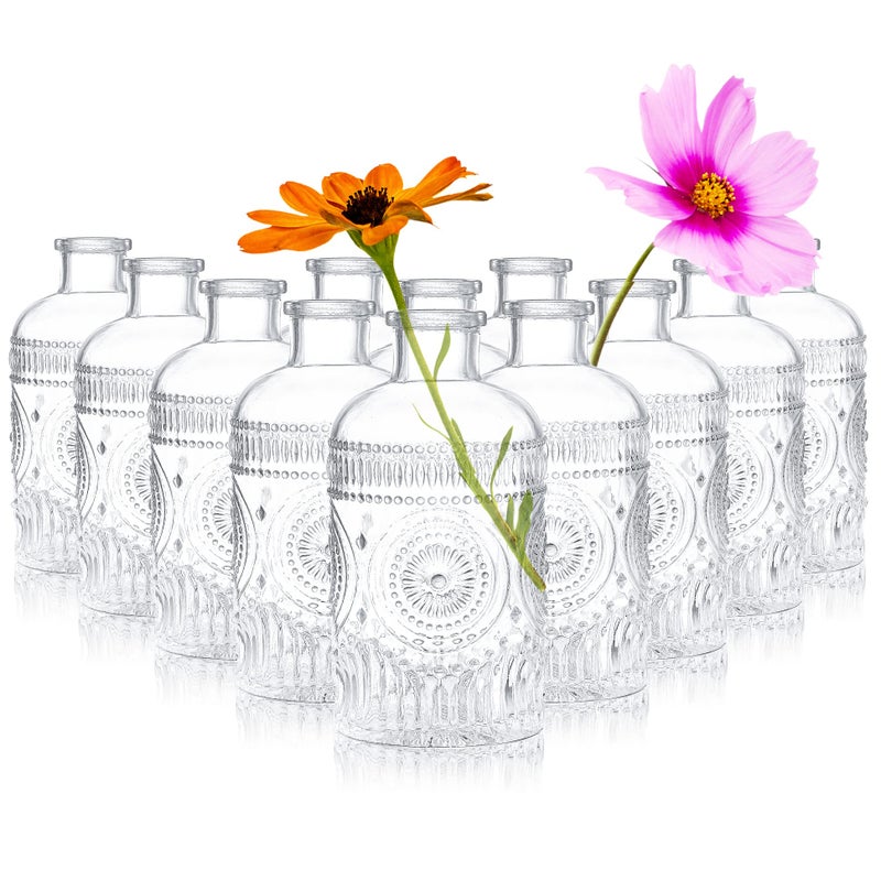 Kingrol 12 Pack Clear Glass Bud Vases Small Vases for Flowers Vintage Glass Bottles for Home Office Decor Centerpieces for Wedding Table