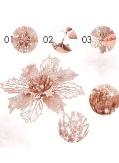 Excefore Glitter Poinsettia Flowers 10 Pieces Tree Ornaments Artificial for Wedding Wreath Decoration (Rose Gold)  - Image 2