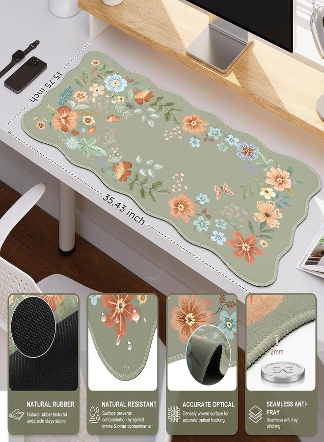 iCasso Scalloped Desk Mat for Keyboard and Mouse, Scalloped Large Mouse Pad, Floral Desk Pad Mat, Anti-Slip Big Mousepad with Stitched Edges for Computer (Bean Green) - Image 2