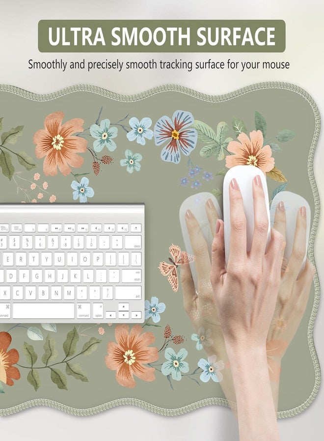 iCasso Scalloped Desk Mat for Keyboard and Mouse, Scalloped Large Mouse Pad, Floral Desk Pad Mat, Anti-Slip Big Mousepad with Stitched Edges for Computer (Bean Green) - Image 3