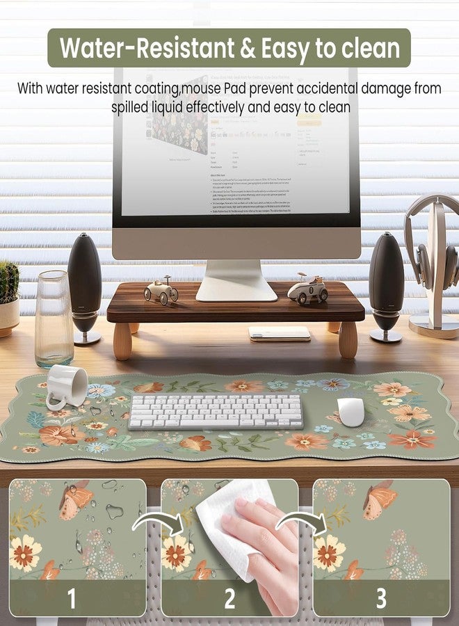iCasso Scalloped Desk Mat for Keyboard and Mouse, Scalloped Large Mouse Pad, Floral Desk Pad Mat, Anti-Slip Big Mousepad with Stitched Edges for Computer (Bean Green) - Image 5