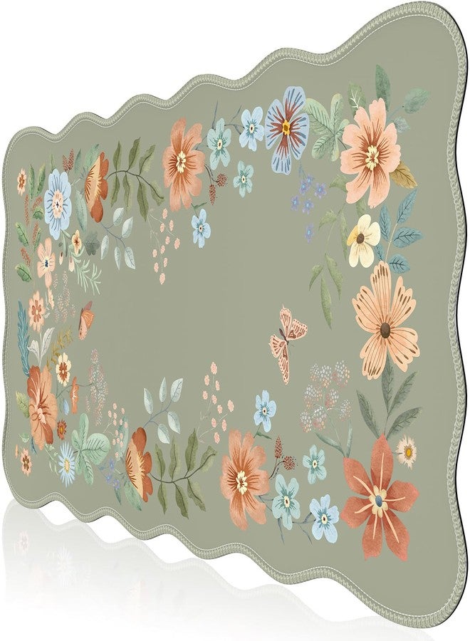 iCasso Scalloped Desk Mat for Keyboard and Mouse, Scalloped Large Mouse Pad, Floral Desk Pad Mat, Anti-Slip Big Mousepad with Stitched Edges for Computer (Bean Green) - Image 1