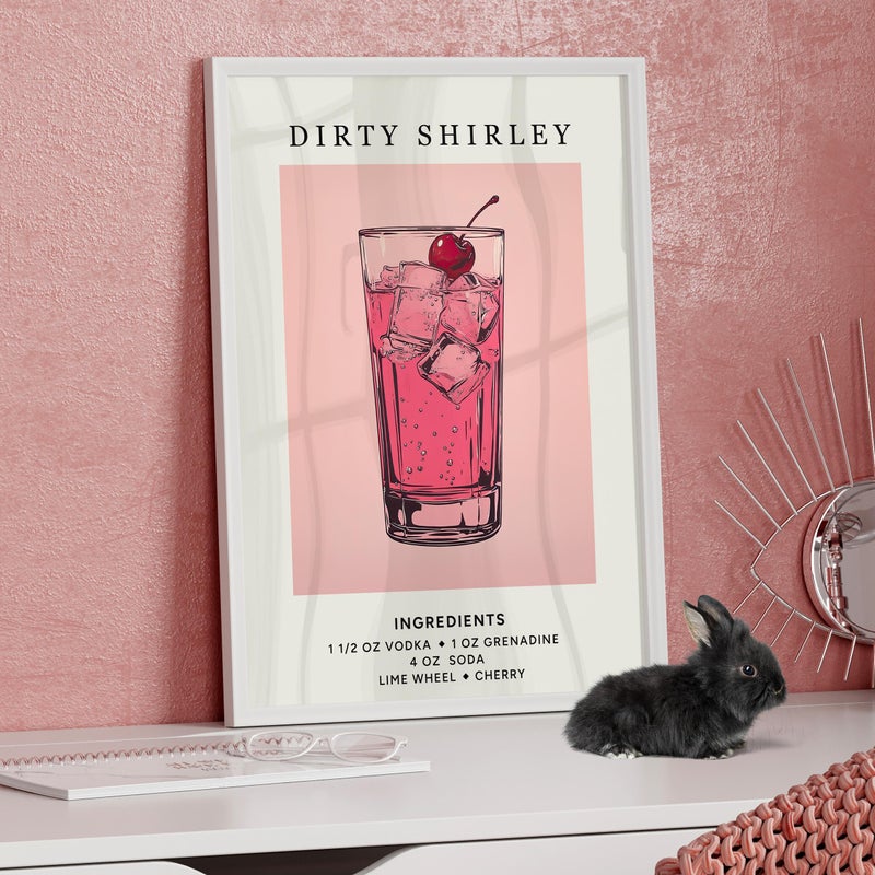 TNESSENTIAL Dirty Shirley Cocktail Pink Wall Art Poster or Canvas Print, Girly Preppy Wall Art, Retro Kitchen Decor, Happy Hour Trendy Party Drink Print - Image 1
