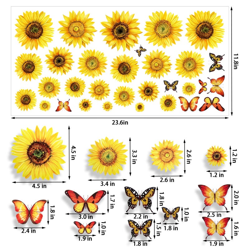 HLARTNET 100 Pcs Sunflower Window Wall Stickers with 3D Butterfly  1-4 Inch Vinyl Sunflower Window Clings Decor  Self-Adhesive Peel and Stick Sunflower Room Decals - Image 1