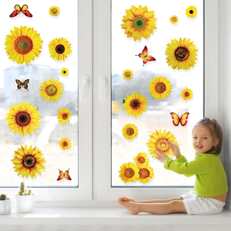 HLARTNET 100 Pcs Sunflower Window Wall Stickers with 3D Butterfly  1-4 Inch Vinyl Sunflower Window Clings Decor  Self-Adhesive Peel and Stick Sunflower Room Decals - Image 2