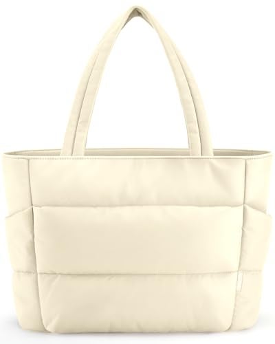 HOTOR Puffer Tote Bag for Women, Nurses - Multi-Pocket Lightweight Bag for Work - Quilted Handbag for Travel and Gym, Beige, 20.1" x 6.7" x 13.4" - Image 1
