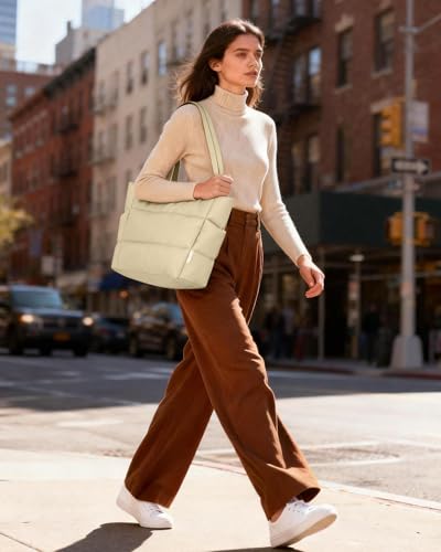 HOTOR Puffer Tote Bag for Women, Nurses - Multi-Pocket Lightweight Bag for Work - Quilted Handbag for Travel and Gym, Beige, 20.1" x 6.7" x 13.4" - Image 2