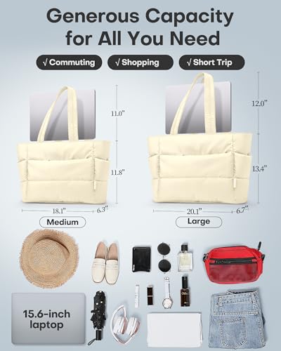 HOTOR Puffer Tote Bag for Women, Nurses - Multi-Pocket Lightweight Bag for Work - Quilted Handbag for Travel and Gym, Beige, 20.1" x 6.7" x 13.4" - Image 4