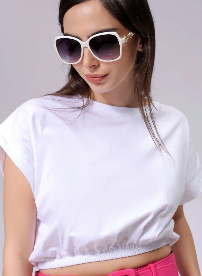 Freehand Women Regular Fit Solid Crew Neck Three-Quarter Sleeve Crop Top