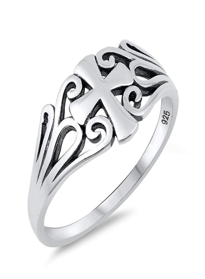Sac Silver Oxidized Filigree Cross Swirl Christian Ring 925 Sterling Silver Band Size 7 - Image 1