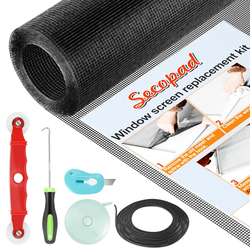 Secopad Window Screen Door Repair Kit 48 x 177 Screen Door Mesh Replacement Kit Durable Fiberglass Mesh Roll with Tools for Windows Doors Patio and Porch Replacement Black