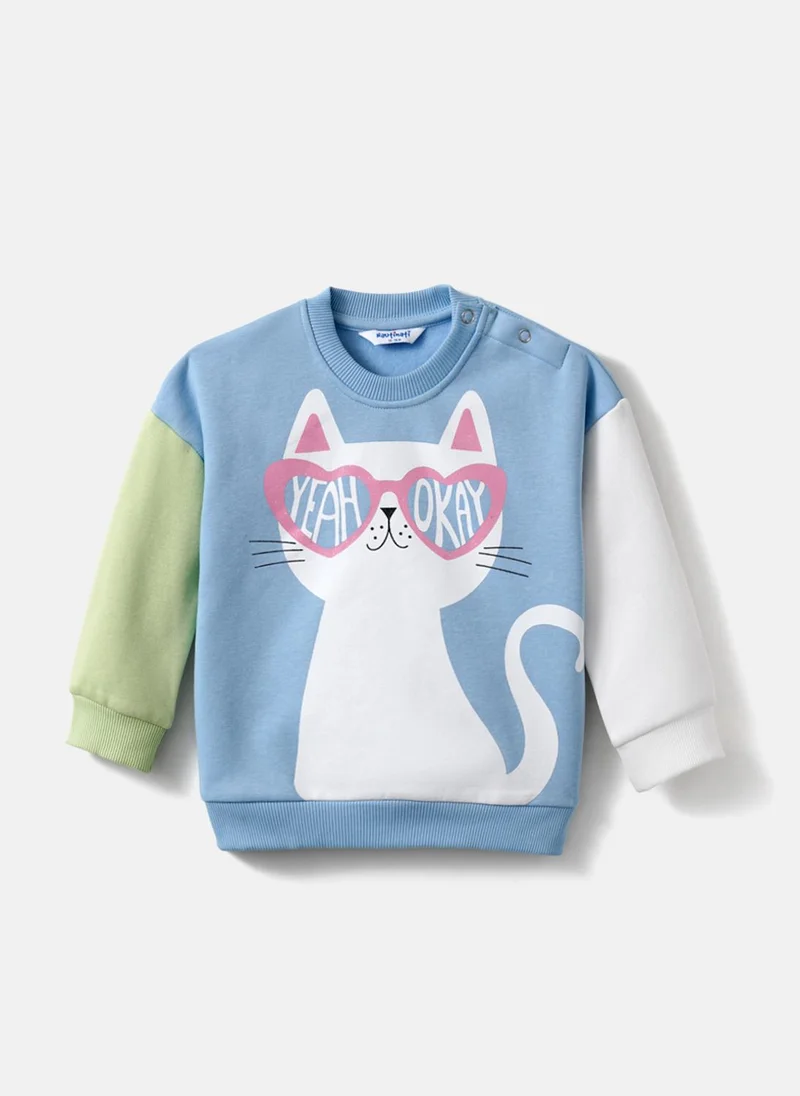 Nautinati Nautinati Cat Print Colourblock Full Sleeves Fleece Sweatshirt for Girls