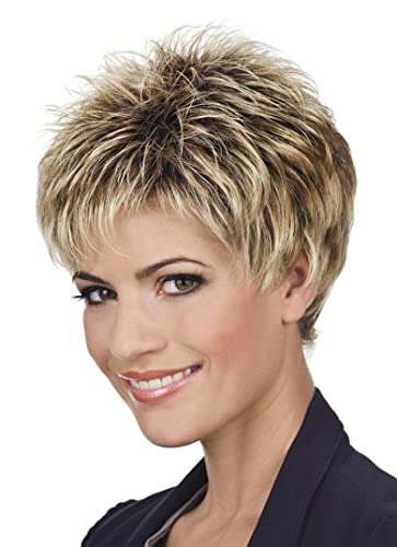 SEVENCOLORS Short Pixie Cut Wigs for White Women Mixed Blonde Short Wigs with Brown Roots Synthetic Natural Hair Wigs for Women
