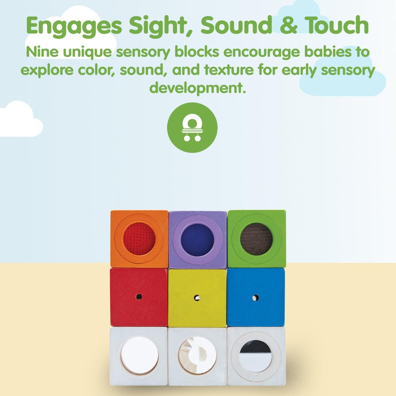 PlanToysÂ® Sensory Activity Blocks for Toddlers â€“ 9-Piece Set with Visual, Auditory & Tactile Stimuli â€“ Montessori Toy with Storage Bag â€“ Wooden Learning Toy for Babies & Kids Ages 12 Months+ - Image 2