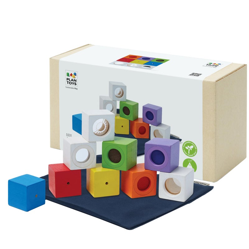 PlanToysÂ® Sensory Activity Blocks for Toddlers â€“ 9-Piece Set with Visual, Auditory & Tactile Stimuli â€“ Montessori Toy with Storage Bag â€“ Wooden Learning Toy for Babies & Kids Ages 12 Months+ - Image 1