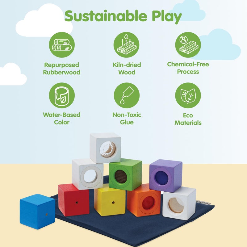 PlanToysÂ® Sensory Activity Blocks for Toddlers â€“ 9-Piece Set with Visual, Auditory & Tactile Stimuli â€“ Montessori Toy with Storage Bag â€“ Wooden Learning Toy for Babies & Kids Ages 12 Months+ - Image 3