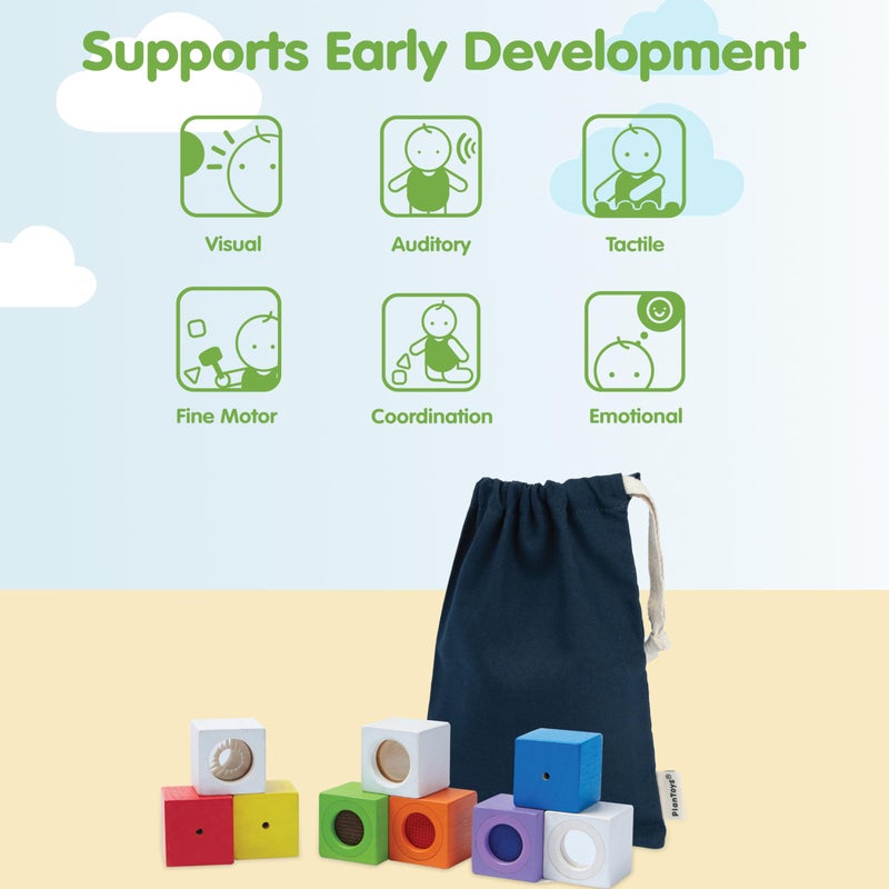 PlanToysÂ® Sensory Activity Blocks for Toddlers â€“ 9-Piece Set with Visual, Auditory & Tactile Stimuli â€“ Montessori Toy with Storage Bag â€“ Wooden Learning Toy for Babies & Kids Ages 12 Months+ - Image 4