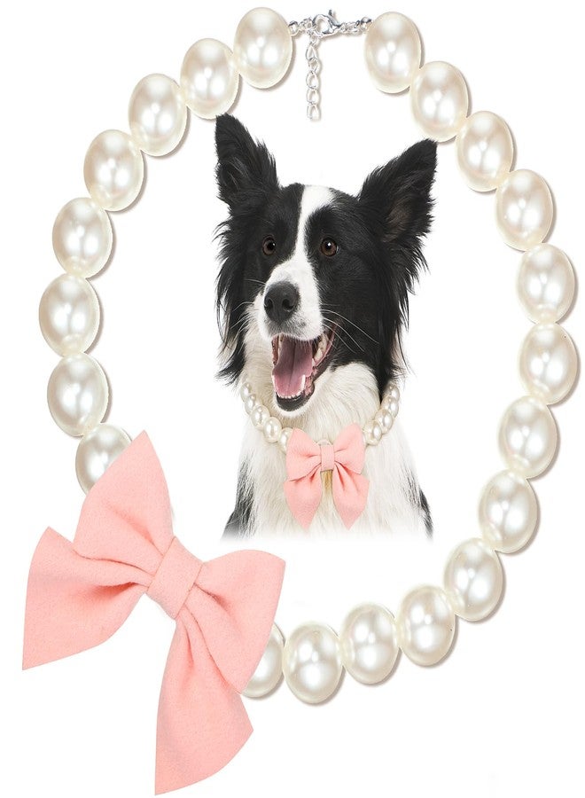 LEIFIDE Dog Pearls Collar Necklace Jewelry with Pink Bow Pendant Fancy Pearls Pet Collars Adjustable Dog Cat Necklace for Wedding Birthday Valentines Pet Grooming Party Costume Accessories(17 Inch) - Image 1
