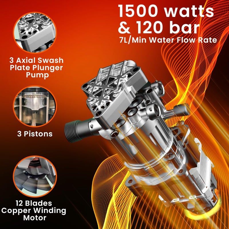 KP TECH KP TECH High Pressure Washer for Car Bike and Industrial Use 1500W 100 Pure Copper Induction Motor Genuine120 Bar Pressure7 LMin Flow Rate with 5 M Priming PipeFoam CannonRotary Turbo Nozzle  - Image 3