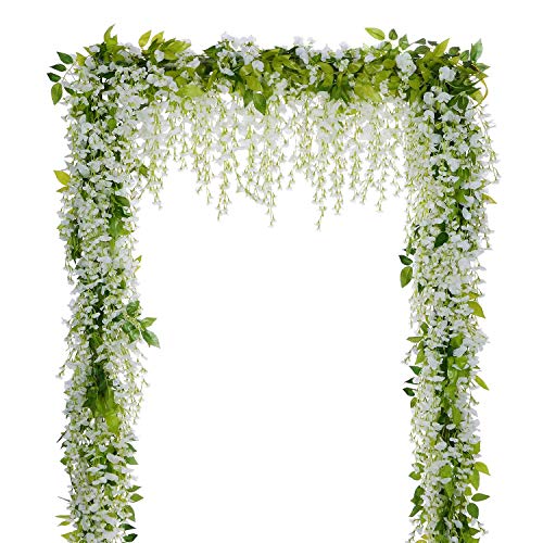 Lvydec Wisteria Artificial Flowers Garland, 4Pcs Total 28.8ft White Artificial Wisteria Vine Silk Hanging Flower for Home Garden Outdoor Ceremony Wedding Arch Floral Decor - Image 1