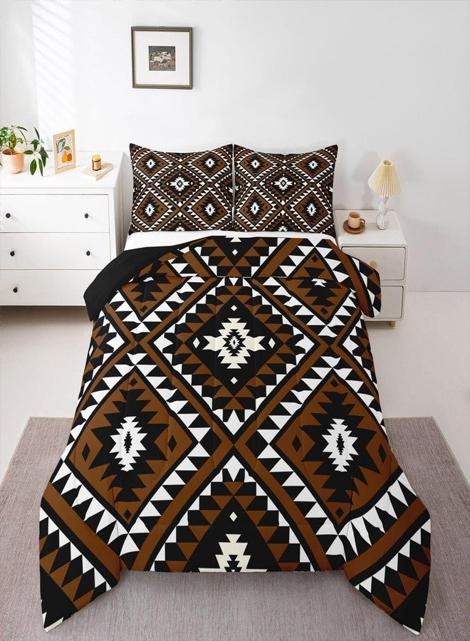Erosebridal طقم لحاف ريفي غربي بحجم كوين للرجال، طقم مفروشات جنوب غربي بنمط الأزتك، لحاف بوهيمي، حشوة لحاف هندسية ماسية مكسيكية، بني، أسود، أبيض، ديكور غرفة ريفي، 3 قطع - Image 1