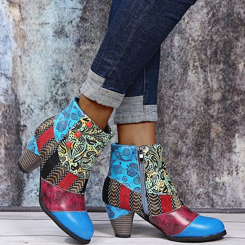 2023 Large Size Bohemian Women'S Martin Boots Ethnic Style Casual Retro Stitching High Heel Short Leather Boots - Image 2