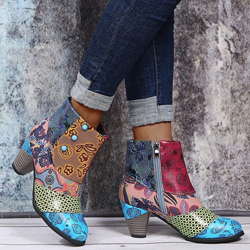 2023 Large Size Bohemian Women'S Martin Boots Ethnic Style Casual Retro Stitching High Heel Short Leather Boots - Image 4