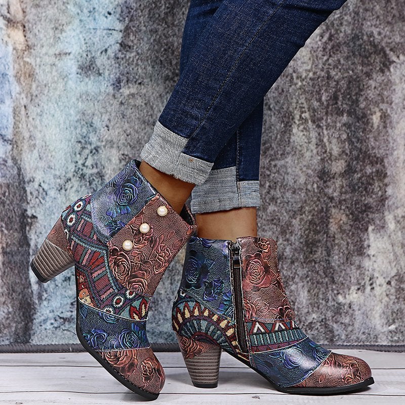 2023 Large Size Bohemian Women'S Martin Boots Ethnic Style Casual Retro Stitching High Heel Short Leather Boots - Image 3