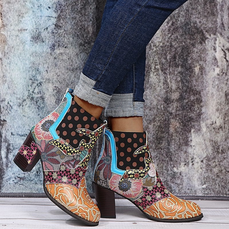 2023 Large Size Bohemian Women'S Martin Boots Ethnic Style Casual Retro Stitching High Heel Short Leather Boots - Image 5