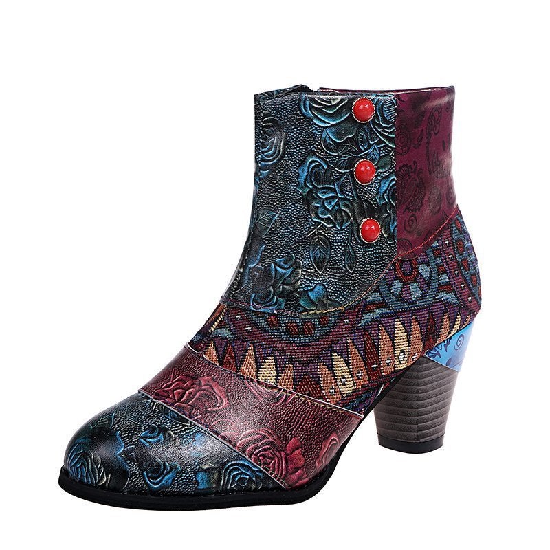 2023 Large Size Bohemian Women'S Martin Boots Ethnic Style Casual Retro Stitching High Heel Short Leather Boots - Image 1