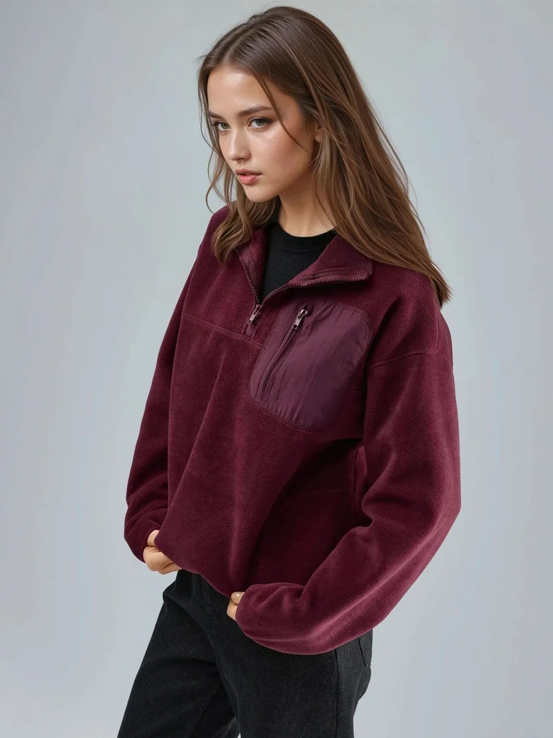 Busem BUSEM Zipper Collar Plush Knit Sweatshirt with Pocket