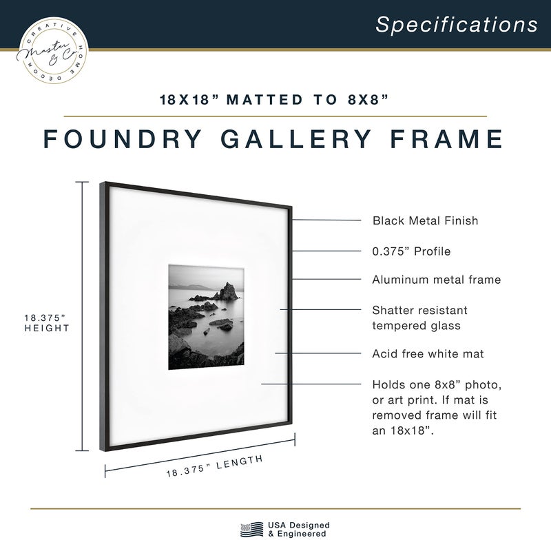 MCS Master & Co. Foundry Metal 18x18 Matted Picture Frame with 8x8 Photo Display, Black Vertical & Horizontal Wall Hanging Frame for Photos & Artwork (1-Pack) - Image 3