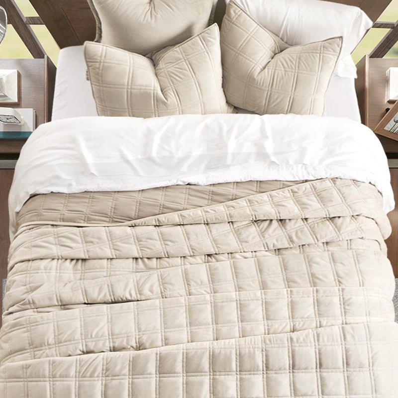 EVERGRACE 3 Pieces Luxurious Velvet Quilt King Size, Ultra Soft Bedspread Coverlet Set, Double Box Stitch Lightweight Velvet Comforter for All Season with 2 Shams, Beige, 108"x96" - Image 4