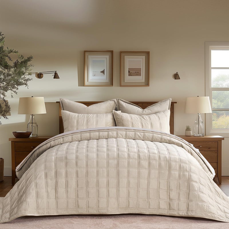 EVERGRACE 3 Pieces Luxurious Velvet Quilt King Size, Ultra Soft Bedspread Coverlet Set, Double Box Stitch Lightweight Velvet Comforter for All Season with 2 Shams, Beige, 108"x96" - Image 1